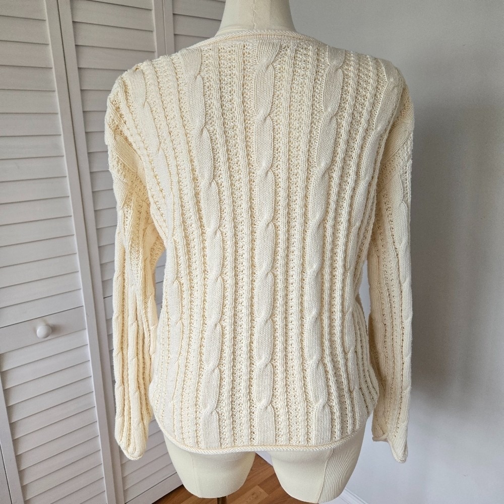 Ivory Cable Knit 100% Cotton Rolled Neck Sweater XL Preppy Fisherman Minimalist - Picture 5 of 10